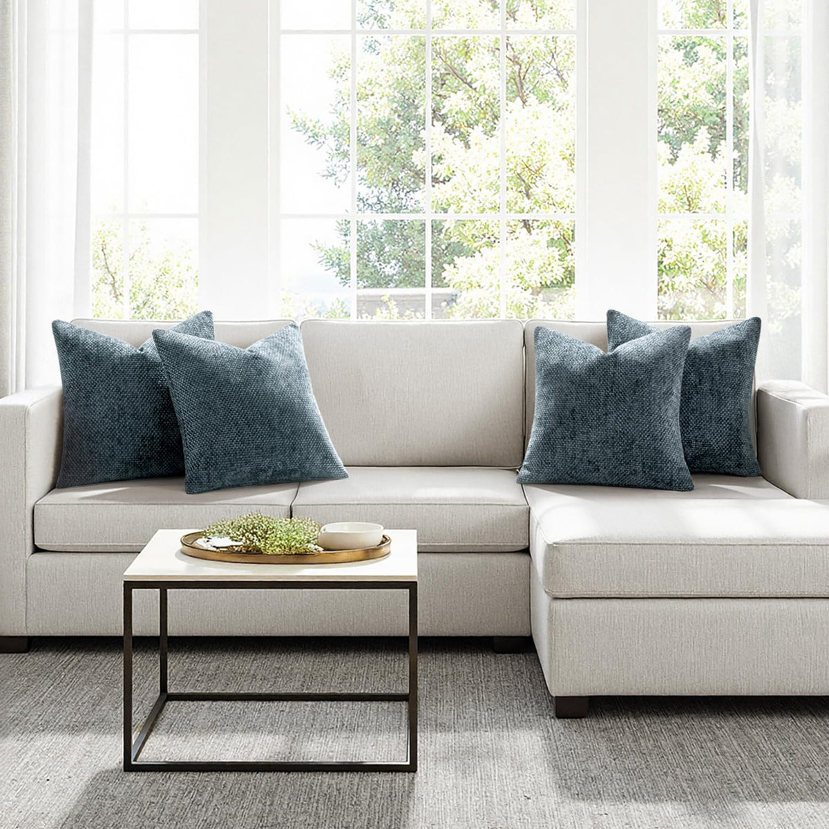 MIULEE boho living room setup with navy chenille pillow covers for cozy ambiance