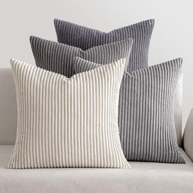 MIULEE stripe corduroy pillow cover 18x18 close-up, showcasing soft texture and muted grey gradient
