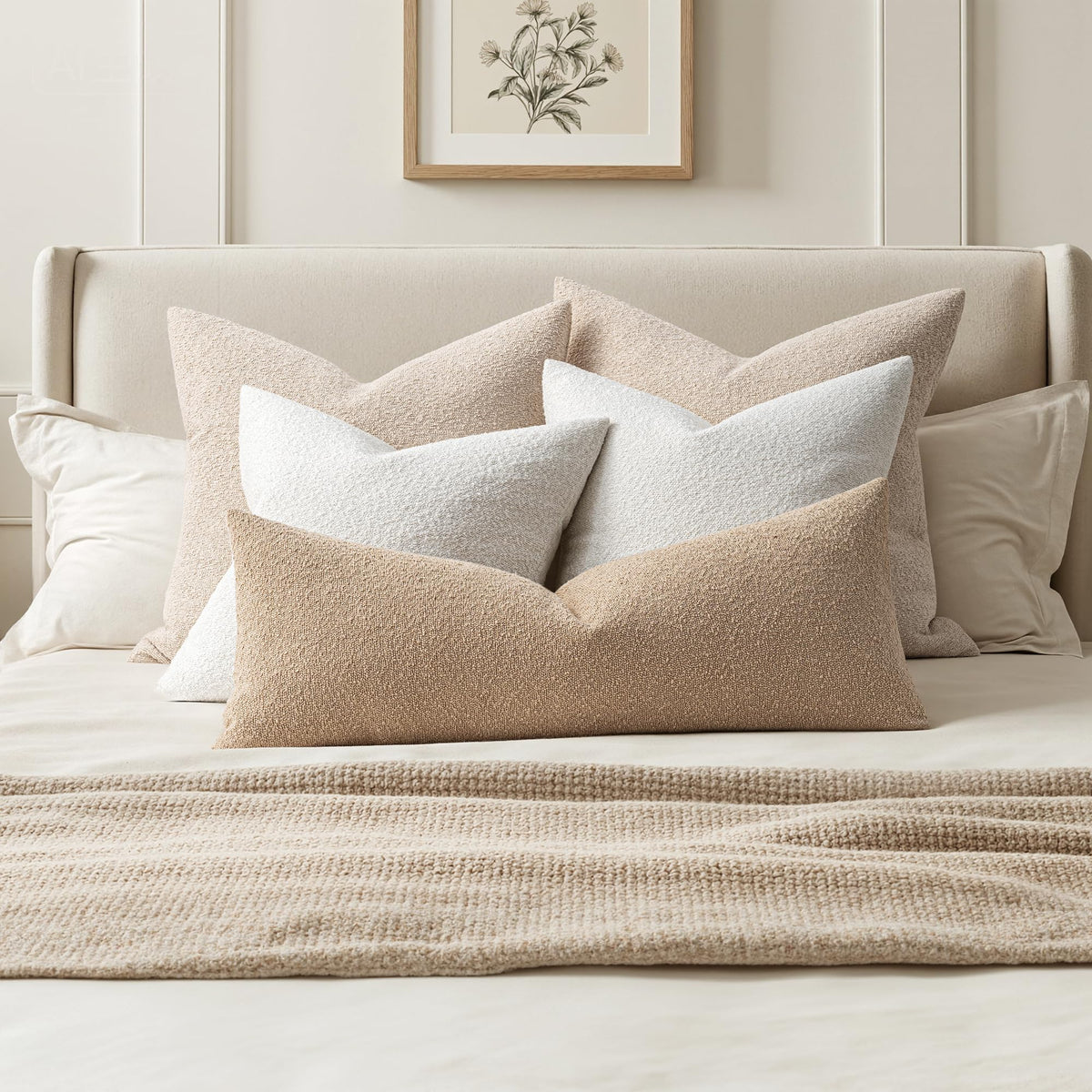 MIULEE boucle pillow closeup khaki highlighting soft, cozy hand-feel.
