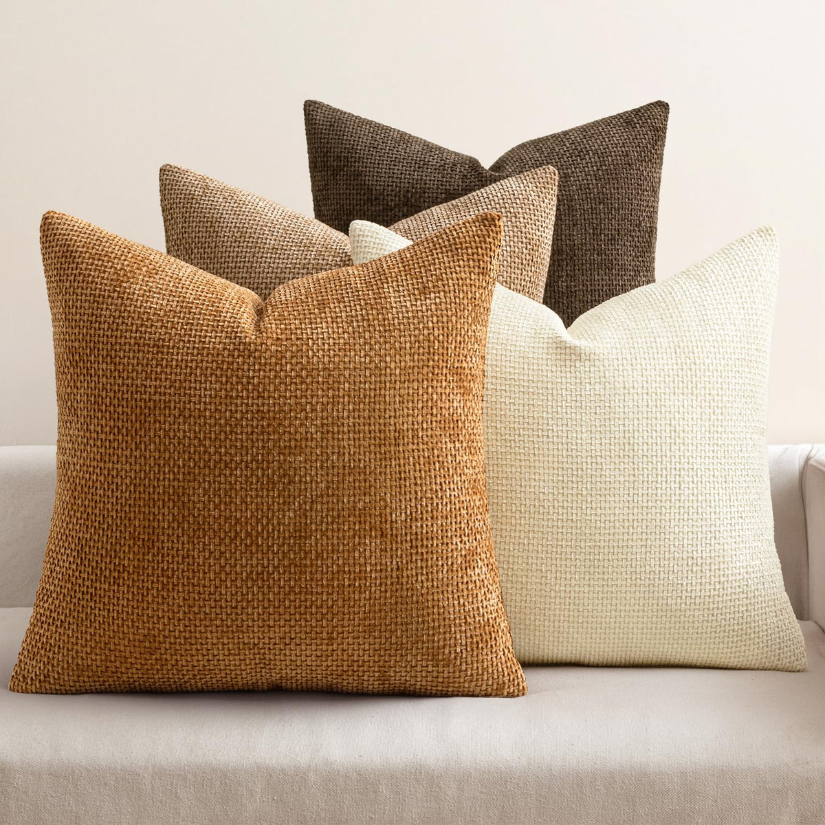 MIULEE brown chenille pillow cover set adds plush texture to couch decor.