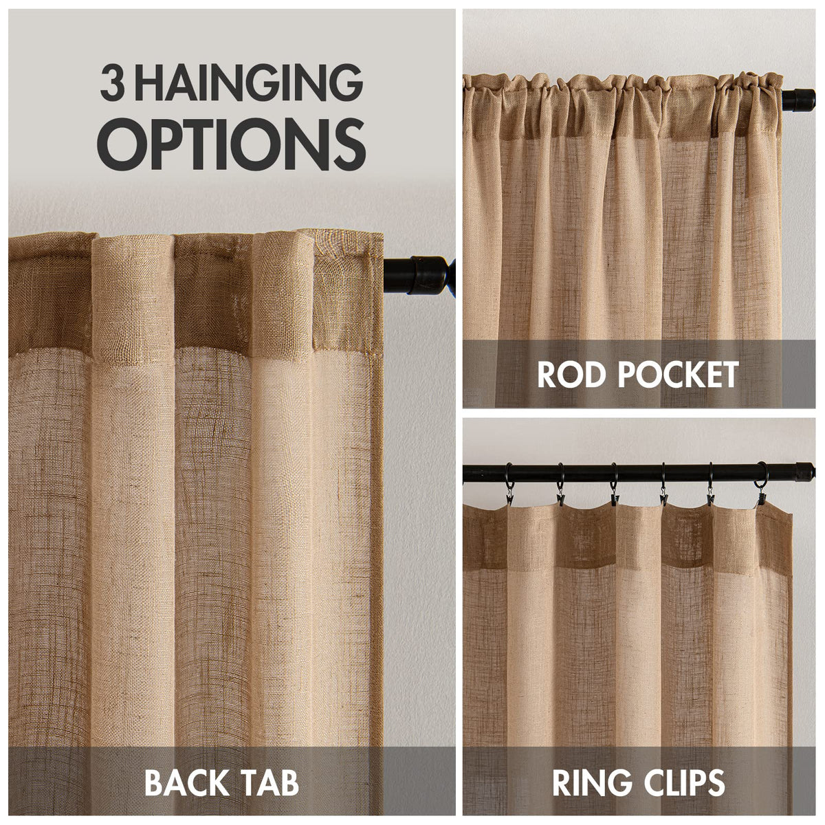 MIULEE brown linen curtains back tab rod-pocket detail for versatile hanging.