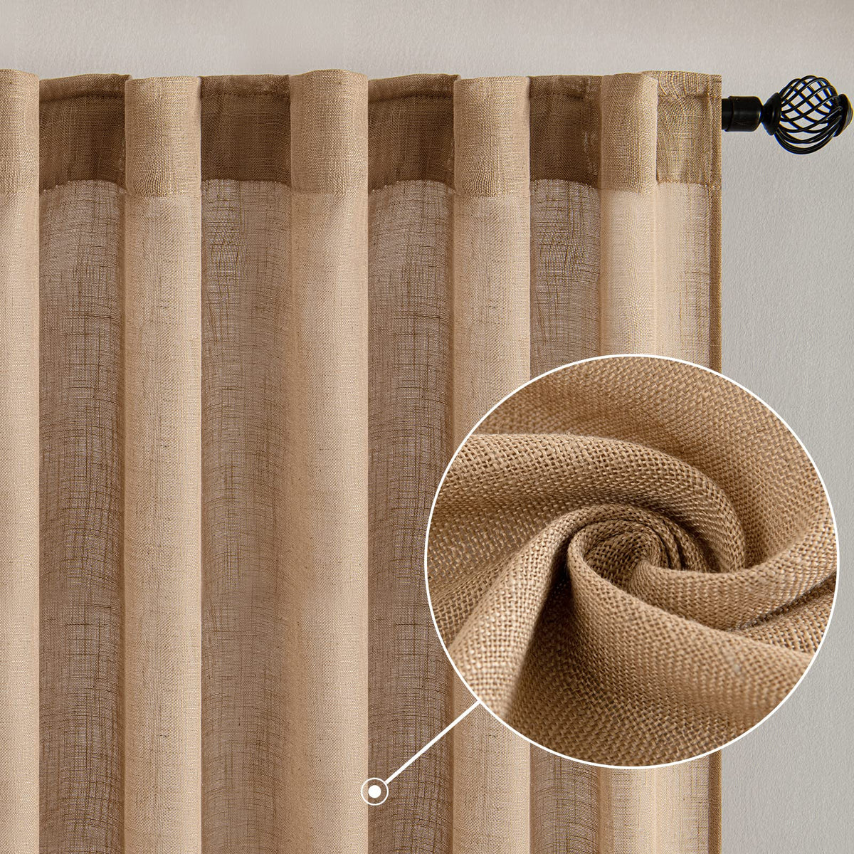 MIULEE brown linen curtains texture view highlights cross-woven linen look.