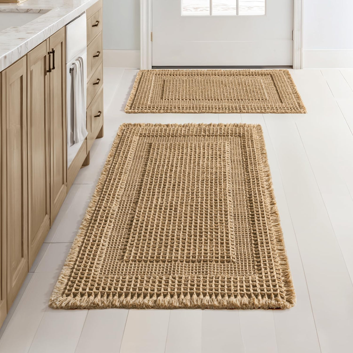 MIULEE brown waffle bath mats set in front view highlighting absorbent two-piece design.