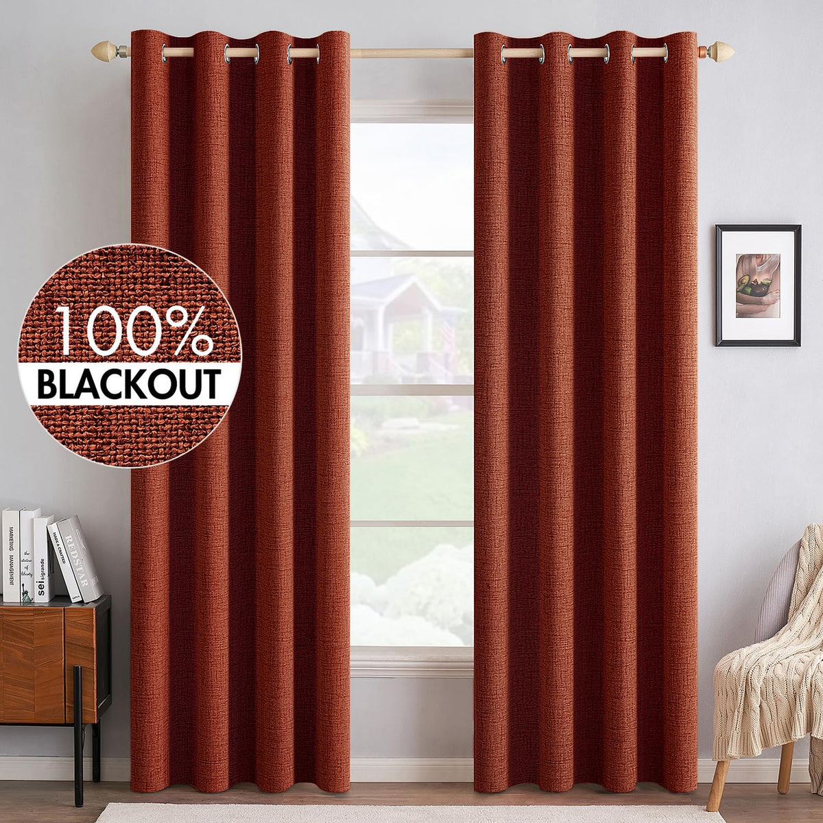 MIULEE burnt orange blackout curtain panel darkens the room and adds warm ambiance.