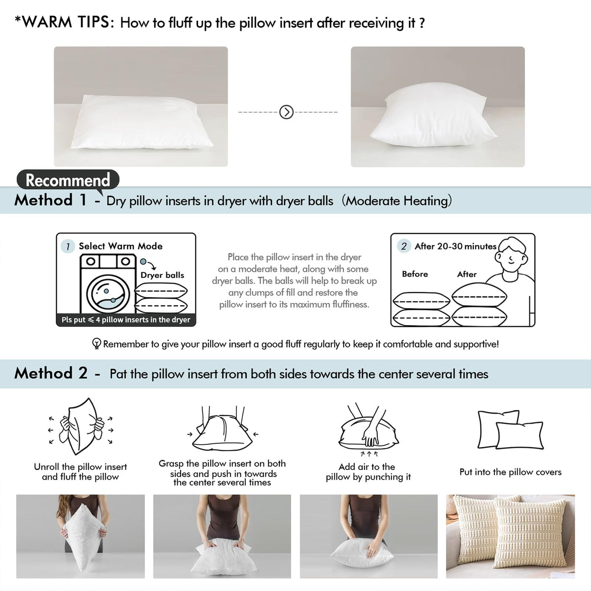 Spot-clean or dry-clean care options for MIULEE pillow inserts.