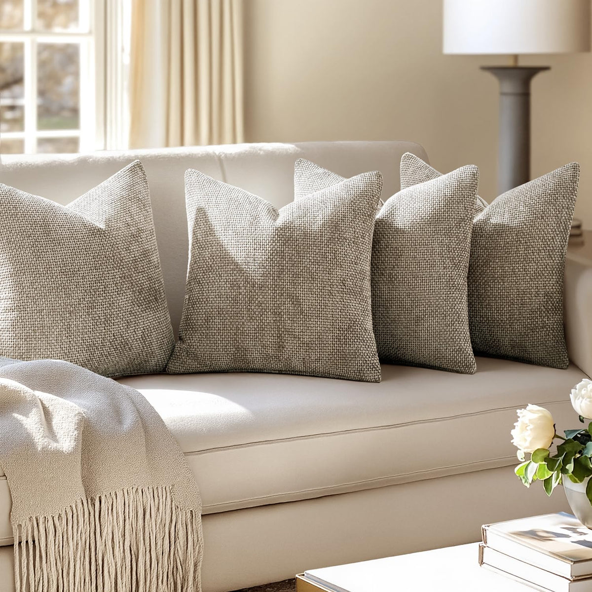 MIULEE chenille pillow cover 18x18 on a sofa demonstrates versatile neutral tone
