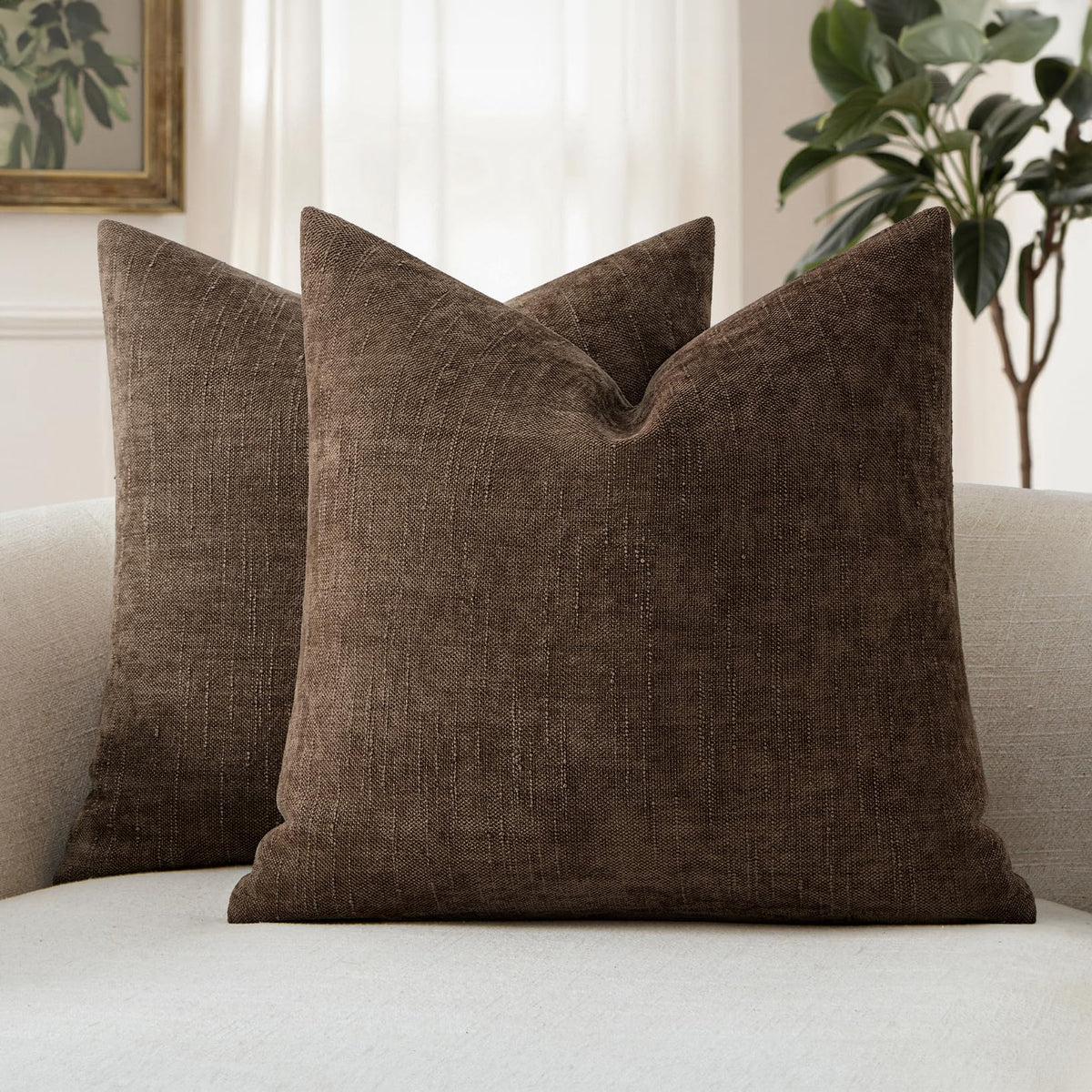 MIULEE chenille pillow cover front view in chocolate brown adds cozy texture to your sofa