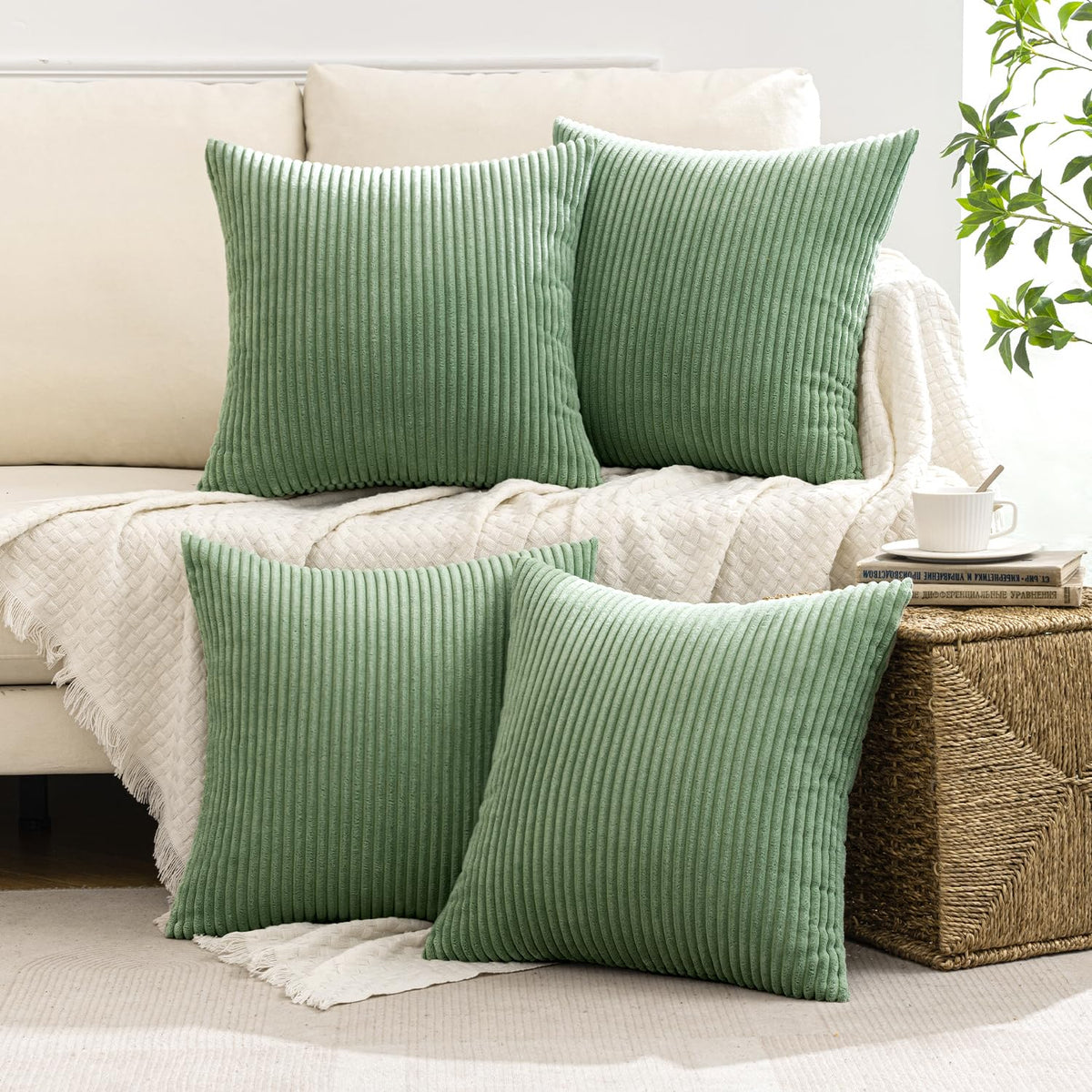 MIULEE corduroy texture pillow cover in sage green with soft tactile touch.