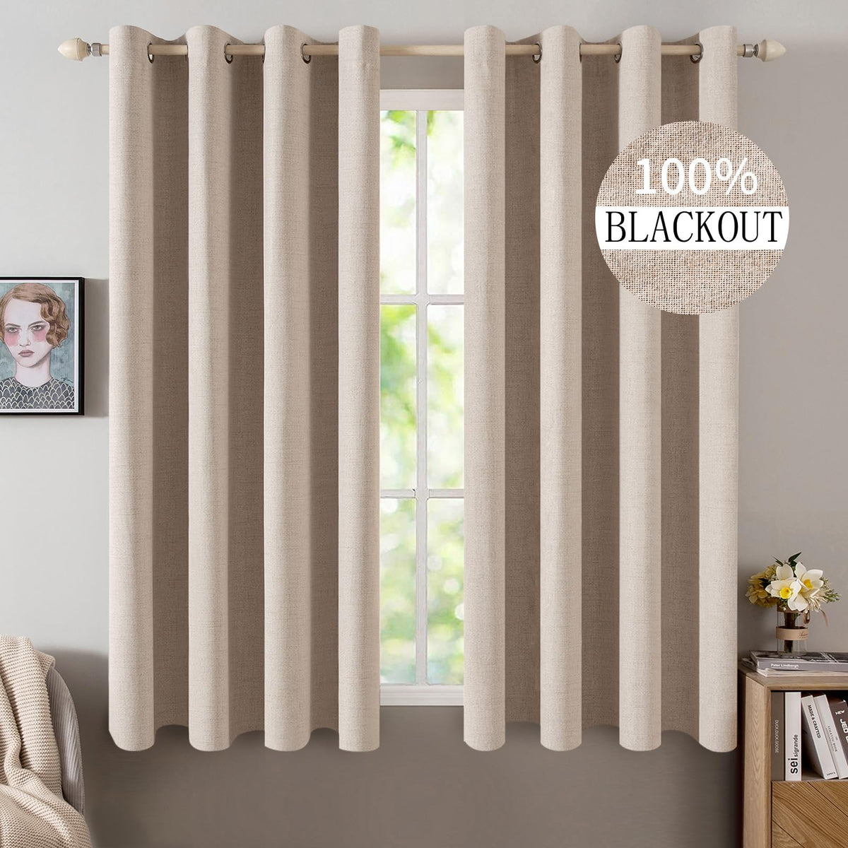 MIULEE linen-textured curtains in natural beige for privacy and light control