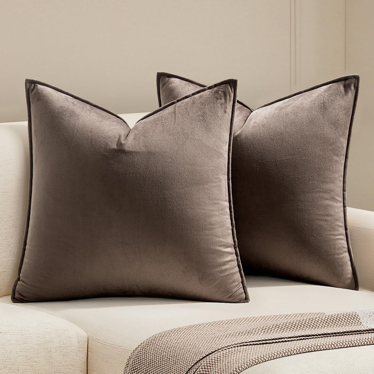 MIULEE dark coffee velvet pillow cover shows rich texture for taupe sofa elegance.