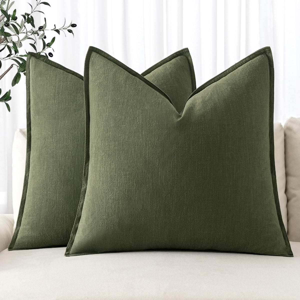 MIULEE dark olive green linen pillow cover 18x18 adds subtle texture to sofas