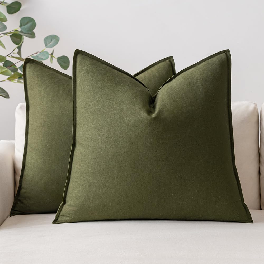 MIULEE decorative euro sham in olive green front view showing natural linen texture for sofa styling