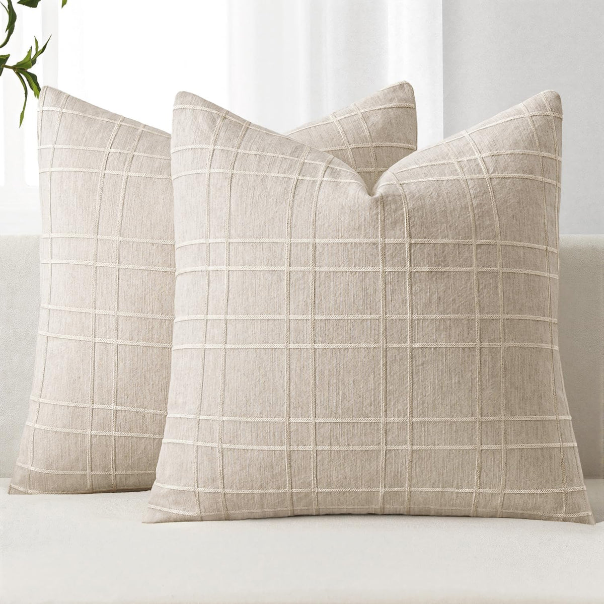 MIULEE decorative linen check euro shams beige front view, ideal for cozy living room styling.