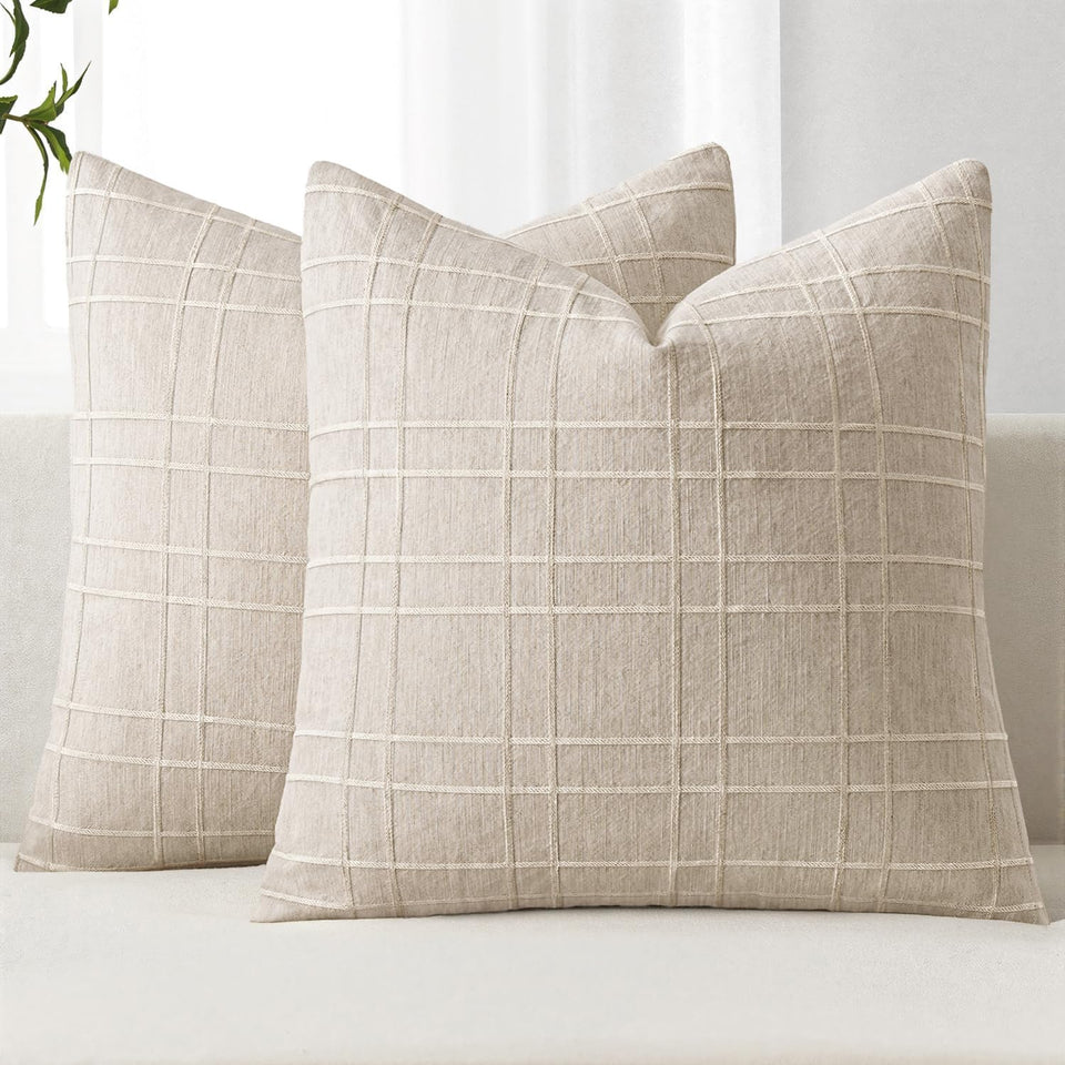 MIULEE decorative linen check euro shams beige front view, ideal for cozy living room styling.
