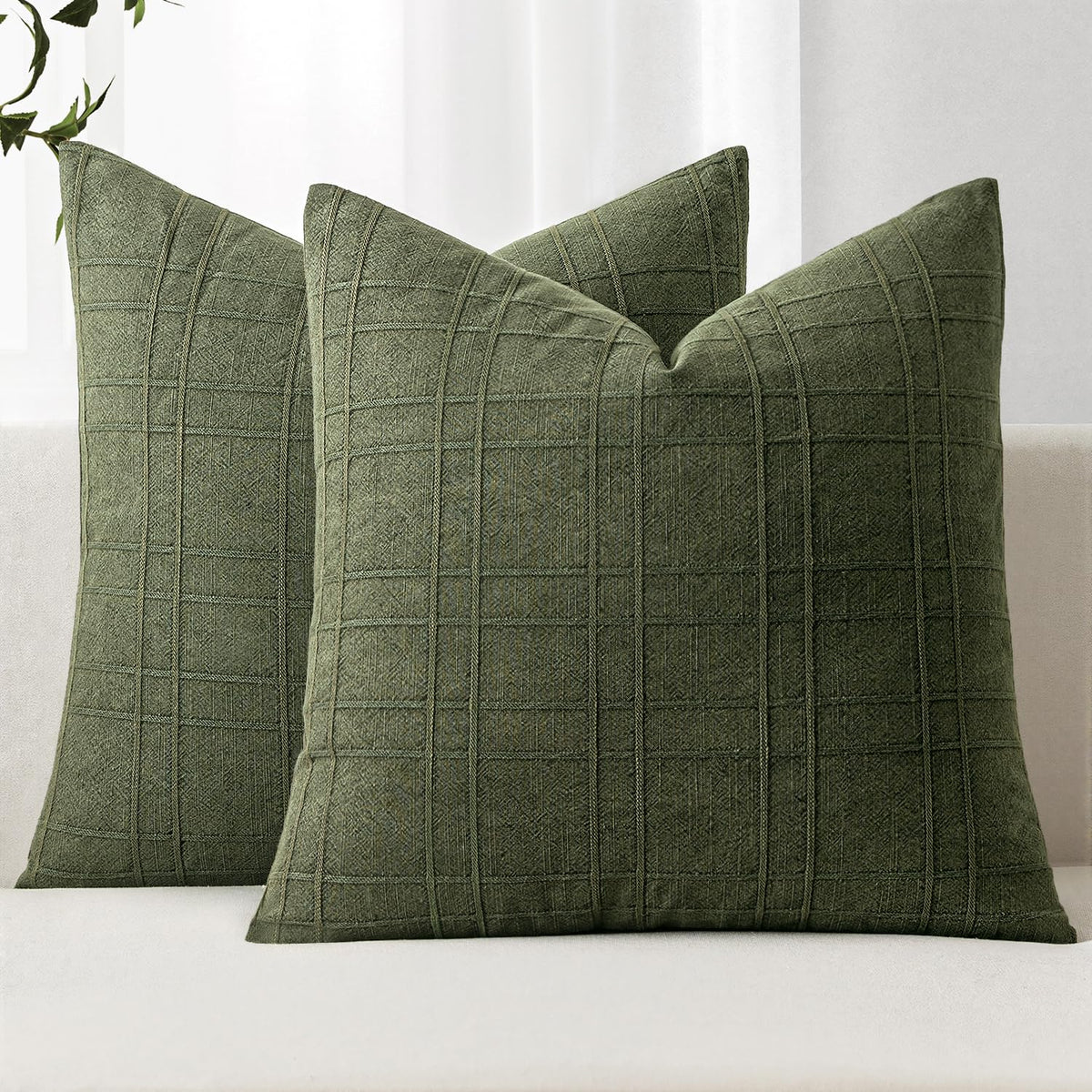 MIULEE decorative linen check pillow cover in dark olive green for a cozy living room look