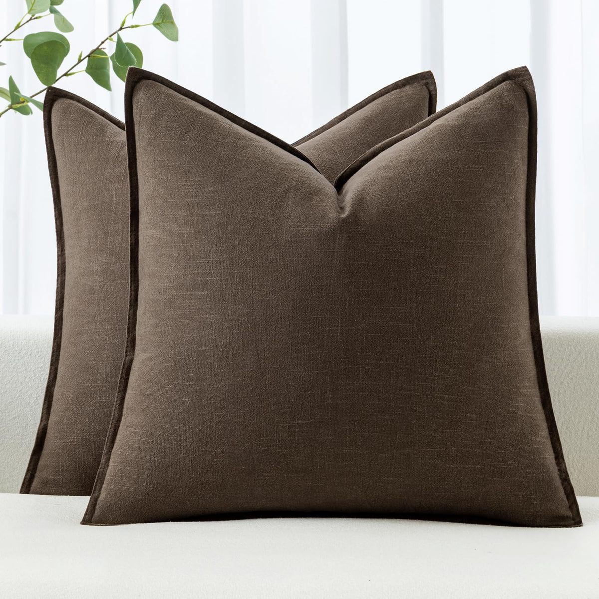 MIULEE decorative linen euro sham 26x26 dark coffee with flange edge, cozy living room decor.