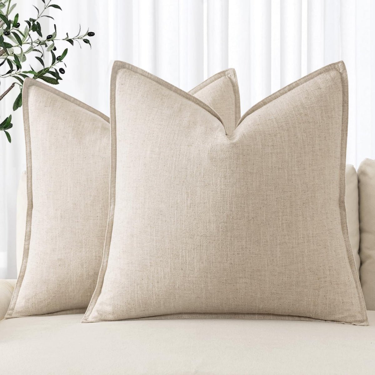 MIULEE decorative linen pillow cover 20x20 natural beige front view shows soft, breathable texture