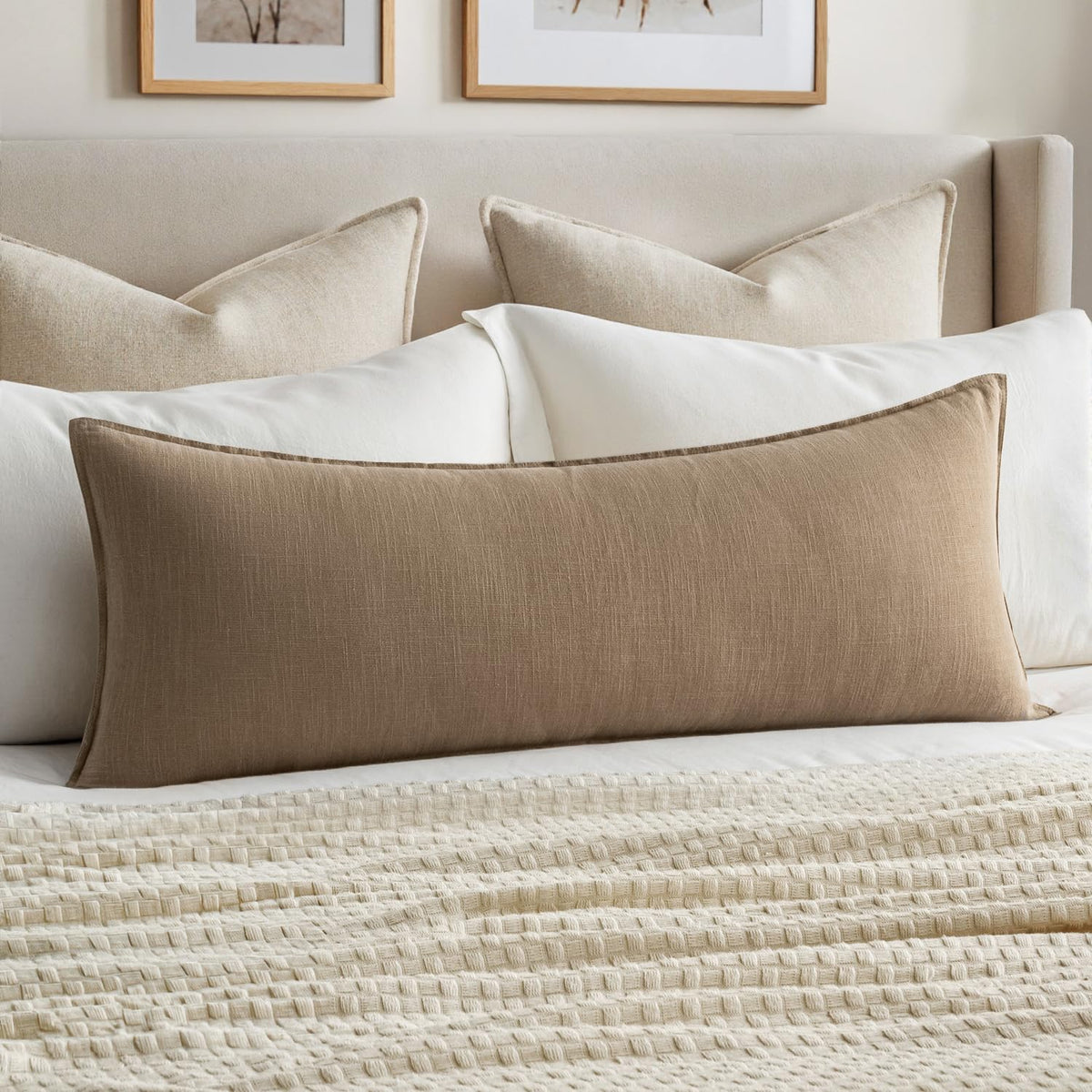 MIULEE decorative long lumbar pillow cover in khaki adds neutral style to sofa or bed