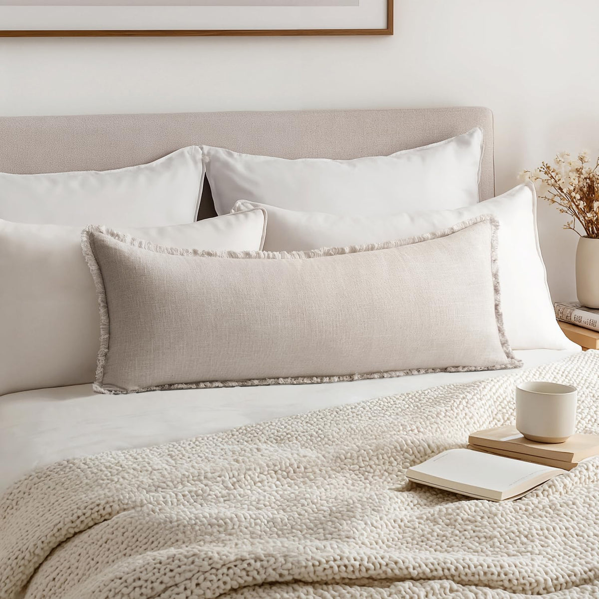 MIULEE decorative pillow cover in neutral linen with fringe for sofa styling.