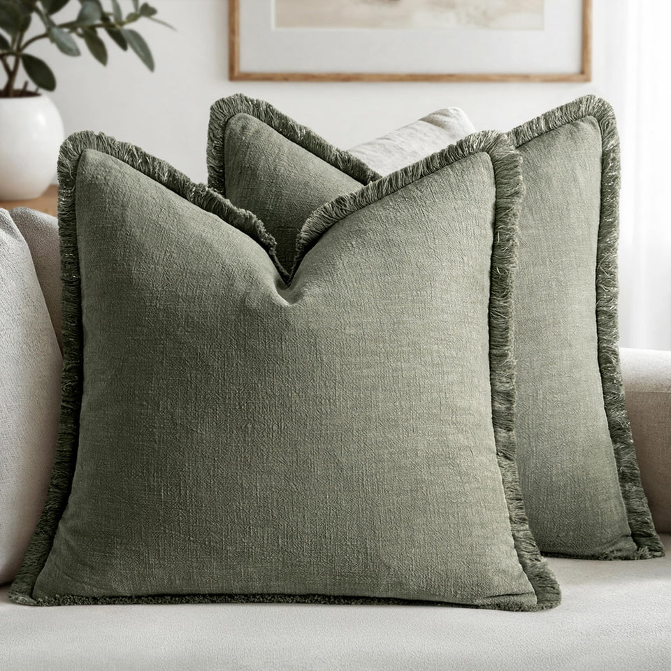 MIULEE decorative pillow cover with olive fringe closeup for cozy living spaces