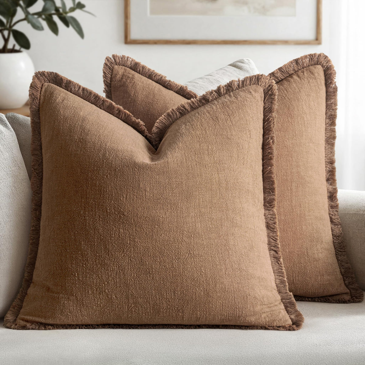 MIULEE decorative throw pillow cover with neutral linen texture adds rustic charm to living spaces.