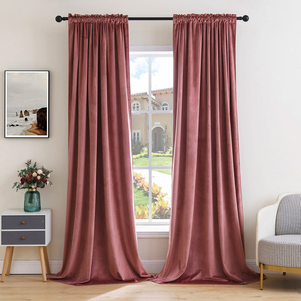 MIULEE Dusty Rose rod-pocket velvet curtains offer plush texture and privacy.