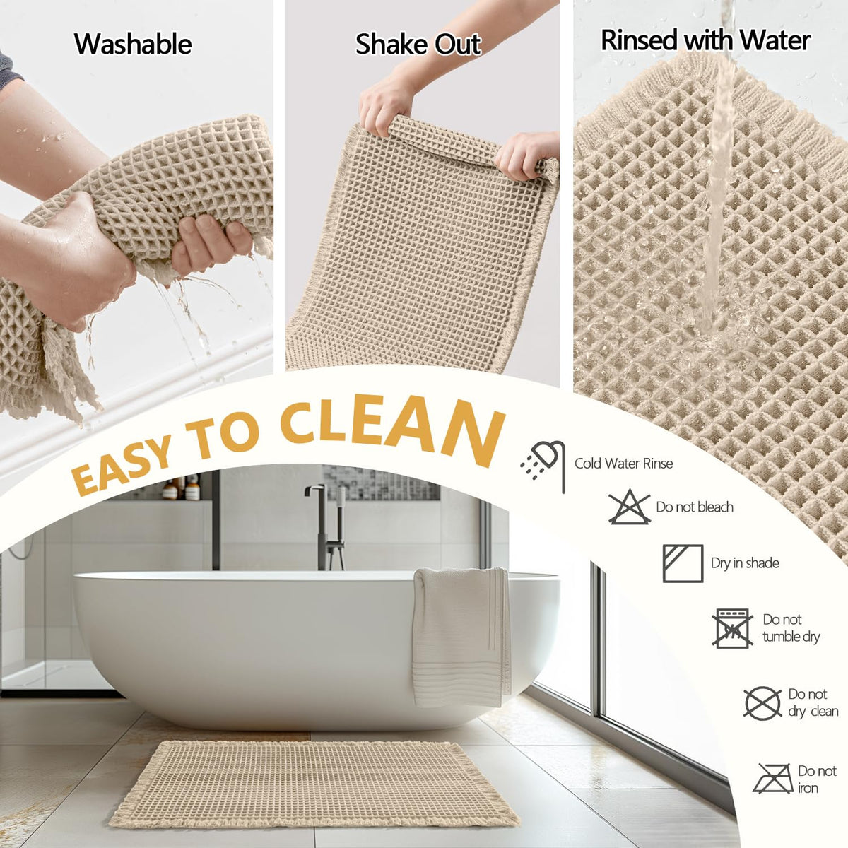 Easy-care MIULEE bath mats are machine washable and quick to air-dry.