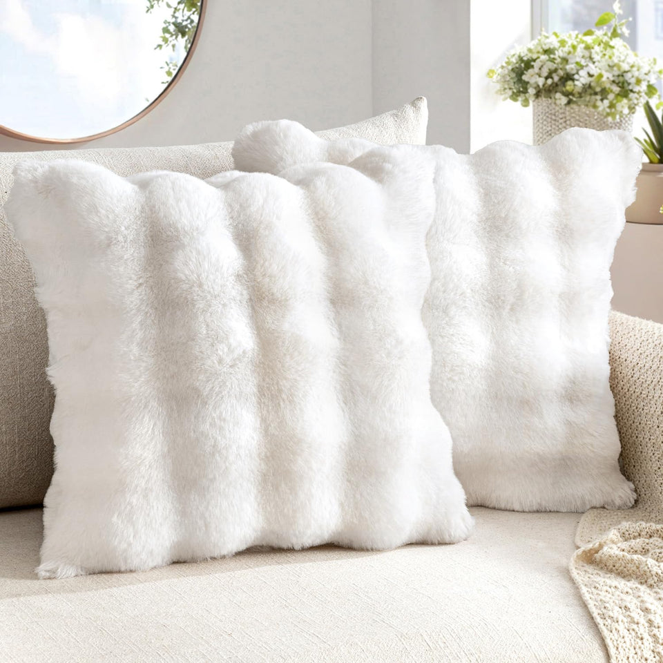 MIULEE faux fur pillow cover 18x18 in white, pack of two, plush texture for sofa use.