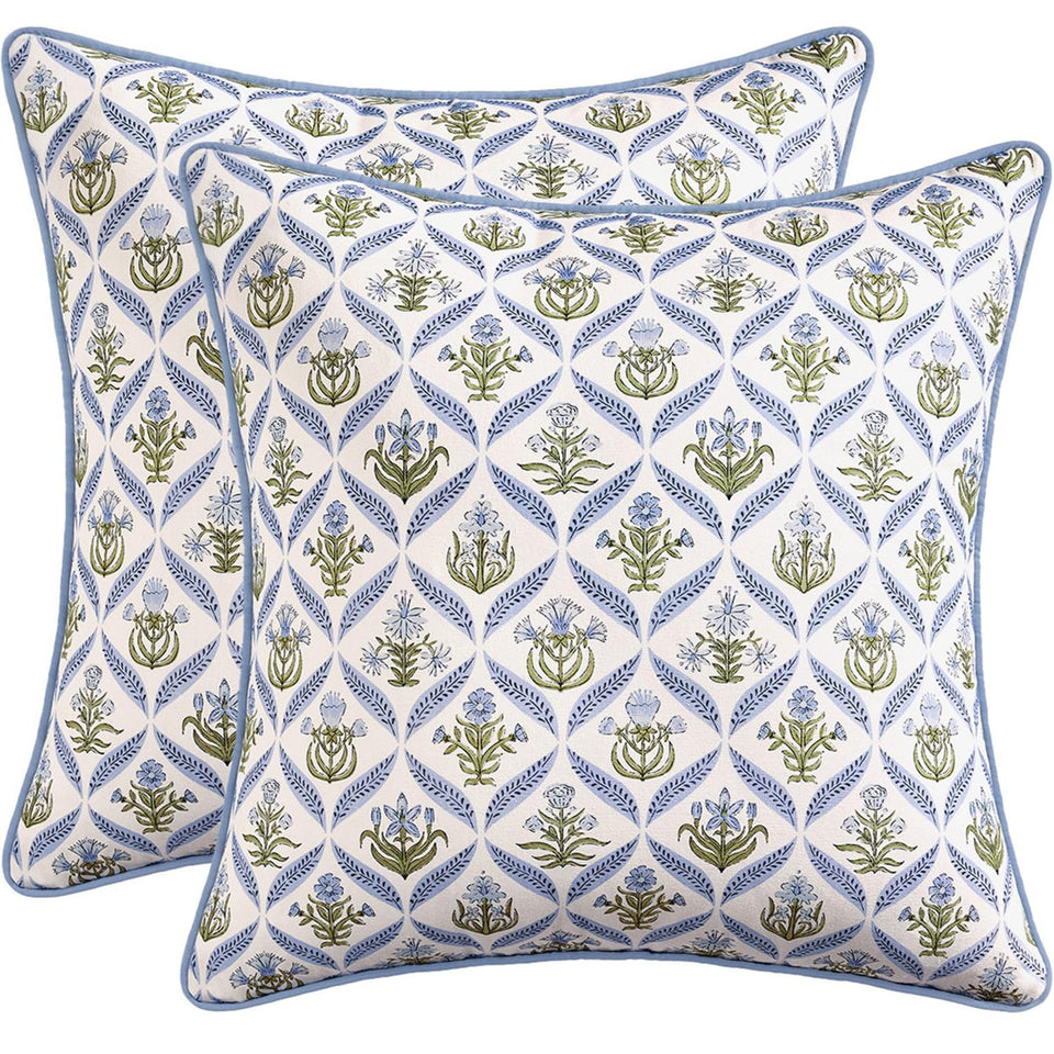 MIULEE floral pillow cover in blue-green, front view, soft cotton texture for sofa