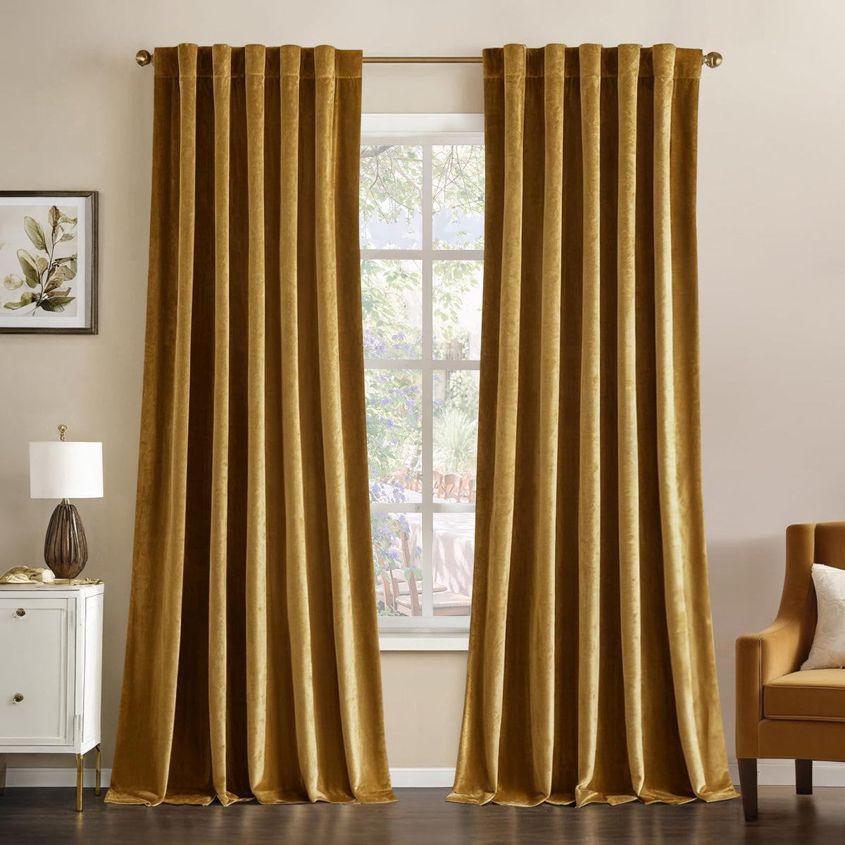MIULEE Gold Velvet Curtains draped to create elegant living room ambience and light control.