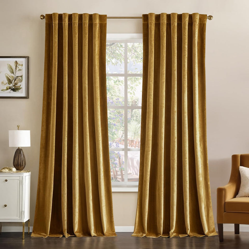 MIULEE Gold Velvet Curtains draped to create elegant living room ambience and light control.