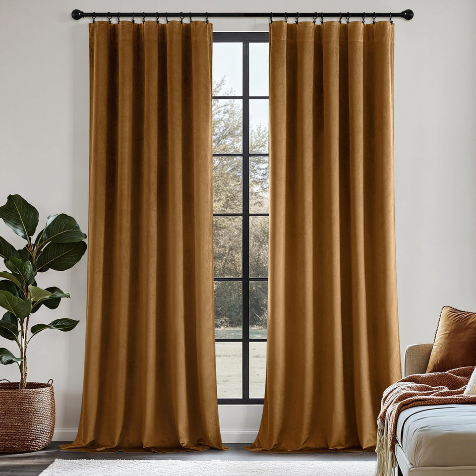 MIULEE Golden Brown Velvet Curtains 84-inch panel adds soft luxury and privacy.