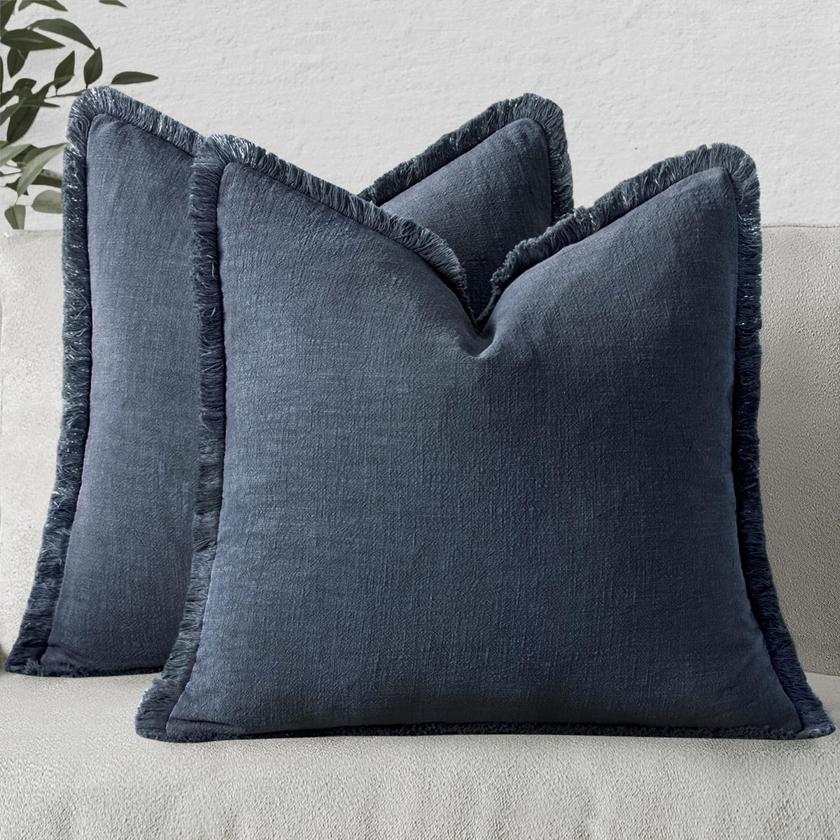 MIULEE indigo linen fringe pillow cover closeup highlights textured weave and durable fabric.