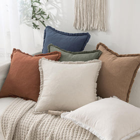 MIULEE indigo linen fringe pillow cover packaging shows set of two.
