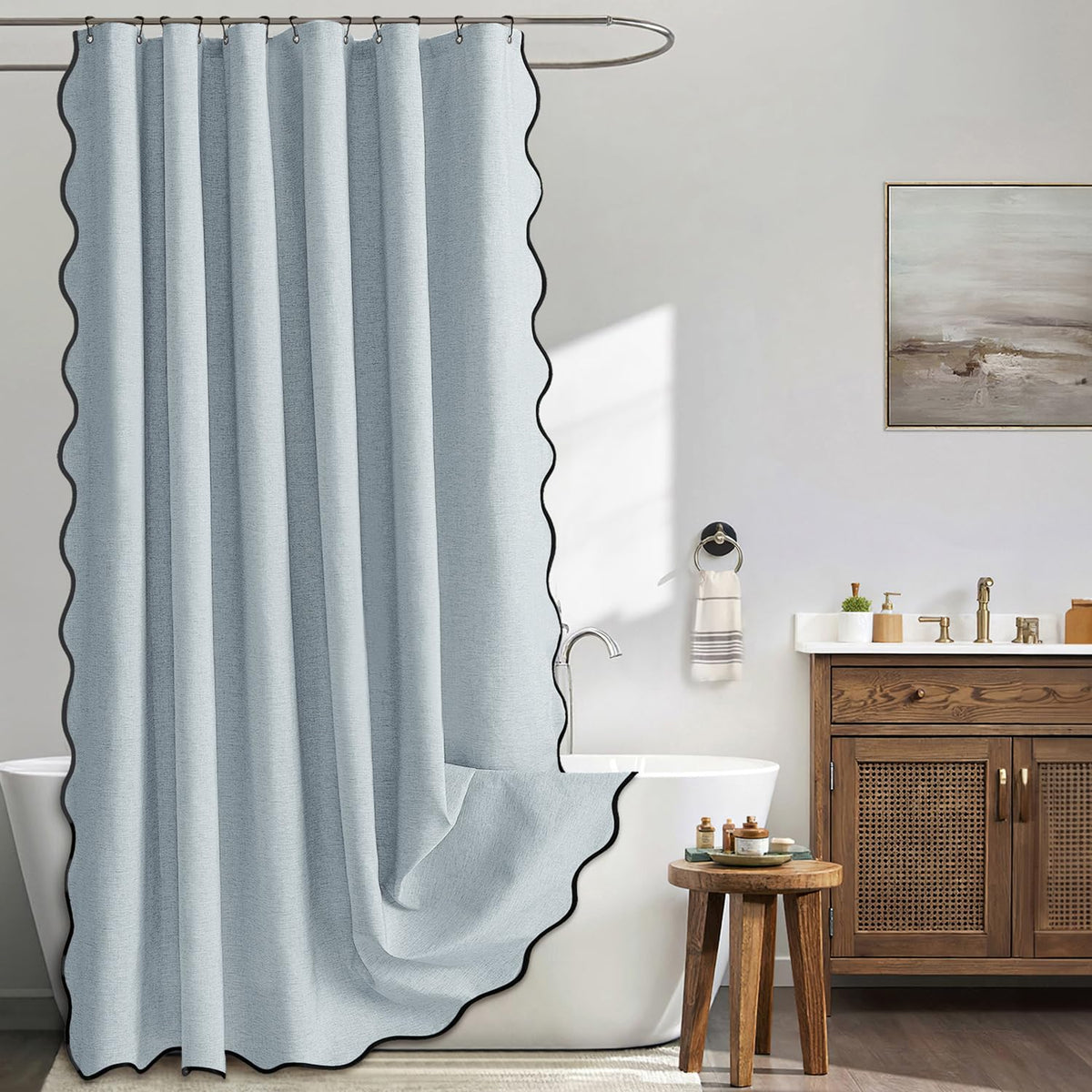 MIULEE light blue scalloped curtain close-up highlighting textured faux linen fabric.