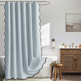 MIULEE light blue scalloped curtain close-up highlighting textured faux linen fabric.