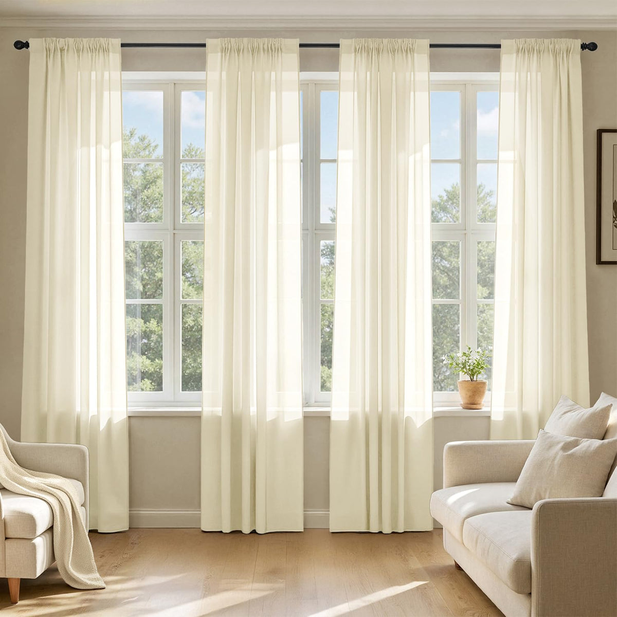 MIULEE light cream sheer curtains showing full 84-inch panel coverage for a bright room
