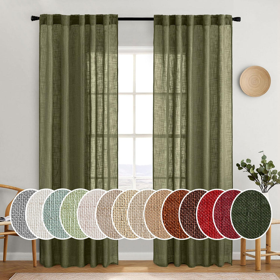 MIULEE light olive green linen curtains panel setup showing two-panel design with rod pocket for easy hanging and privacy.