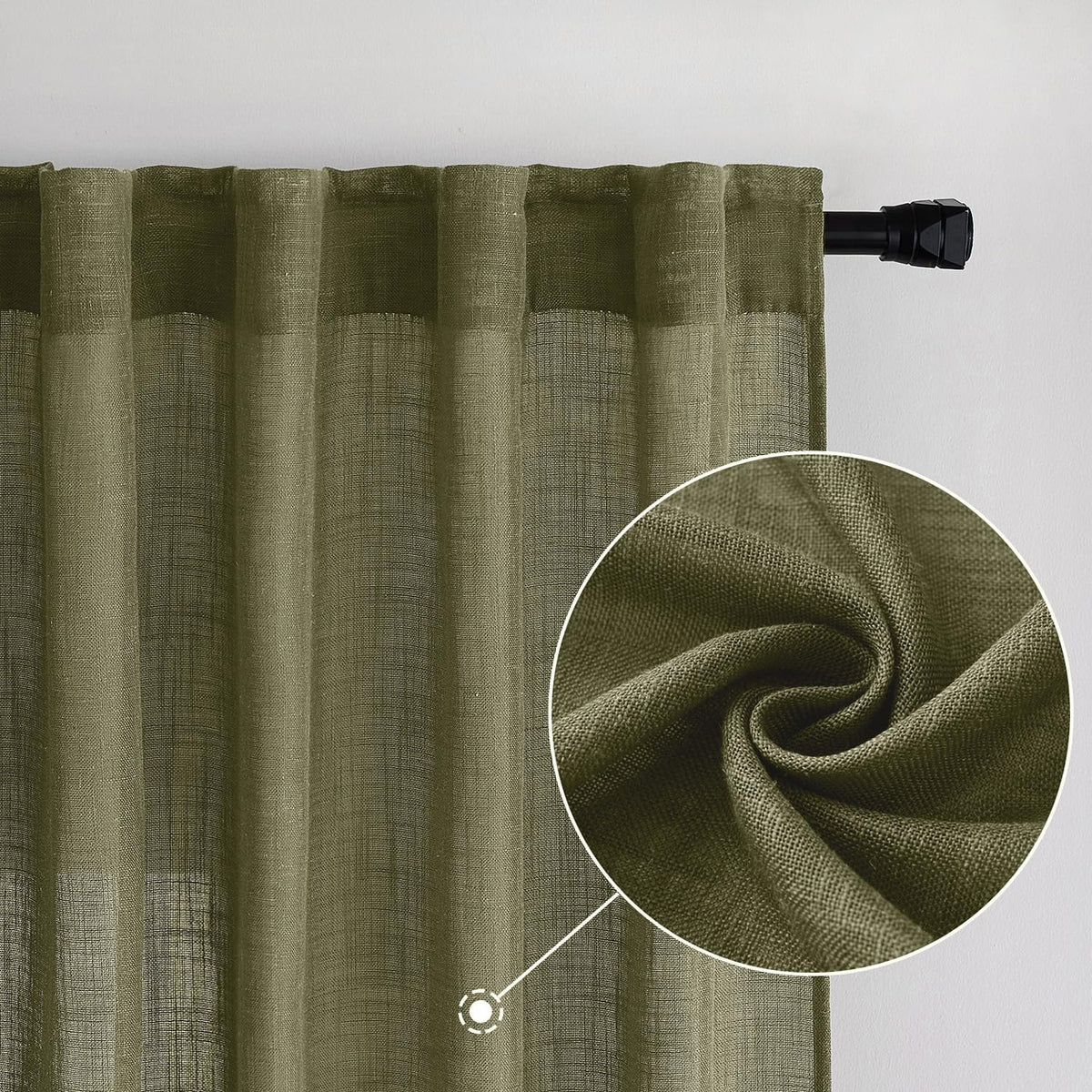 MIULEE olive linen curtains close-up of 2-in-1 top design featuring rod pocket and back tab.