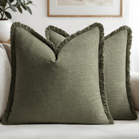 MIULEE linen fringe pillow in olive green for cozy farmhouse decor.