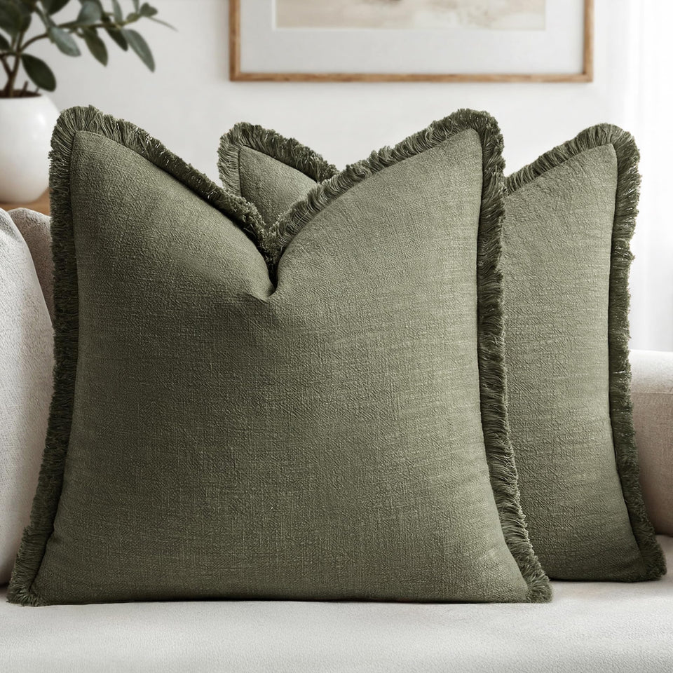 MIULEE linen fringe pillow in olive green for cozy farmhouse decor.