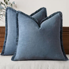 MIULEE linen pillow cover with neutral blue fringe, 20x20 displayed on sofa for cozy style.