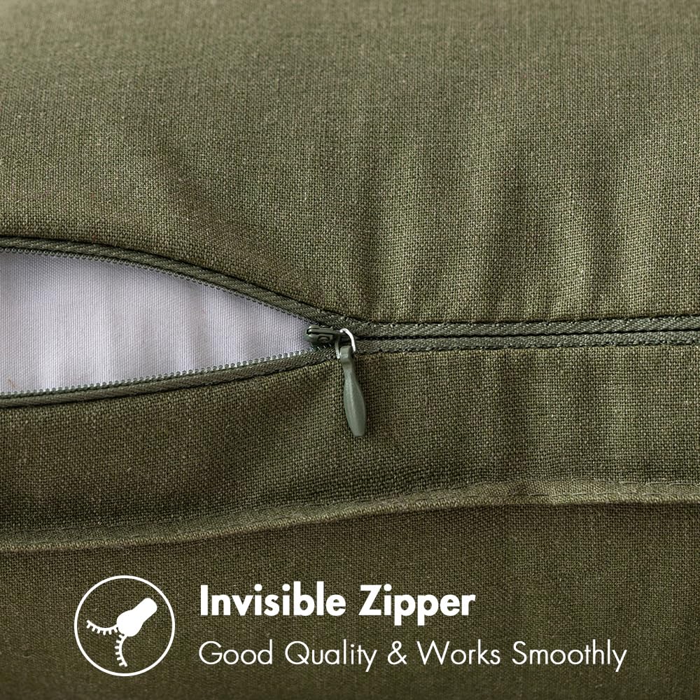 MIULEE linen texture close-up highlights soft, natural fabric on olive green sham