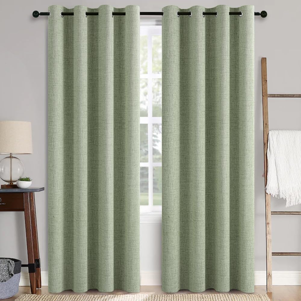 MIULEE linen texture curtains in sage green, 52x96 two-panel setup for enhanced room darkening.