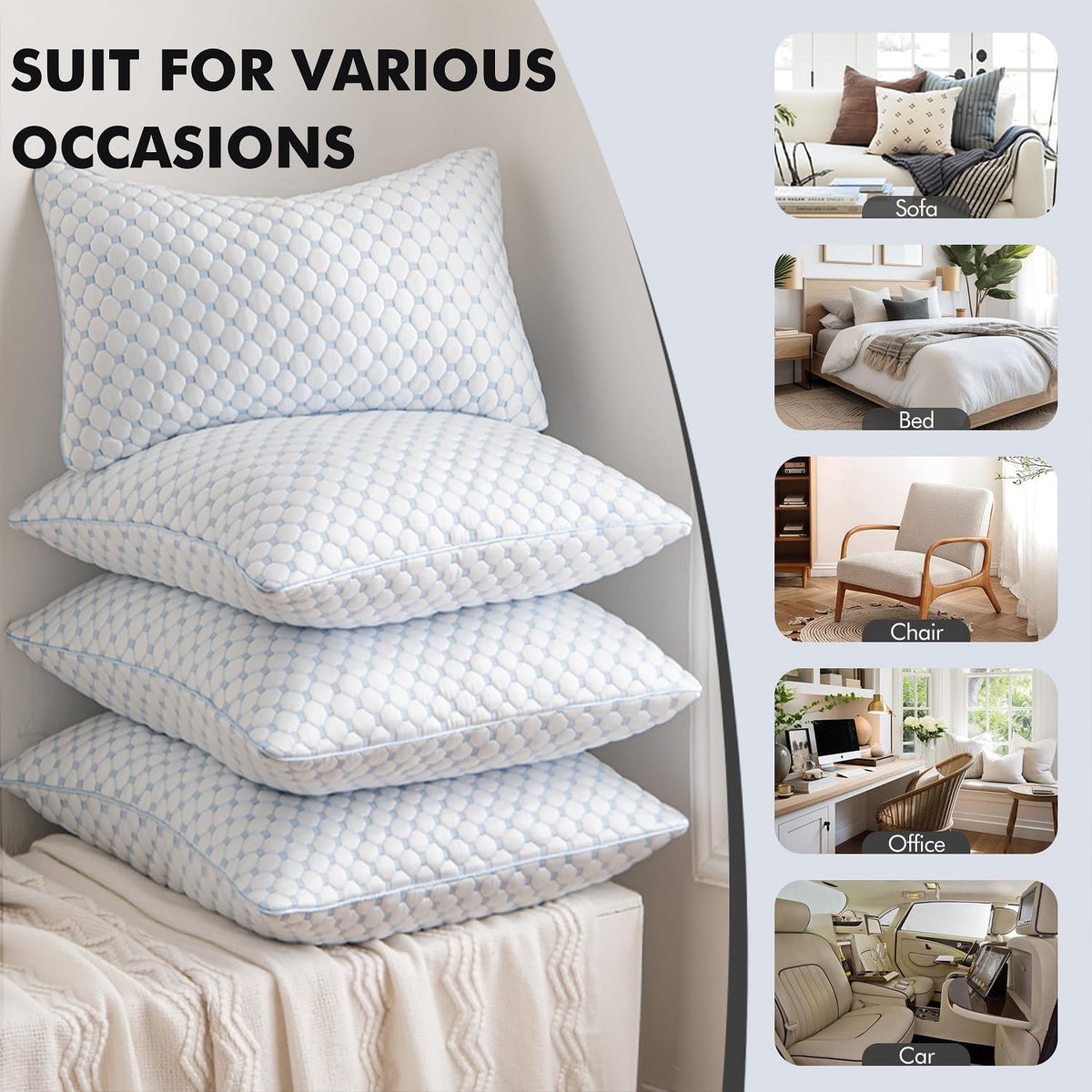 Machine-washable cover with invisible zipper simplifies care.