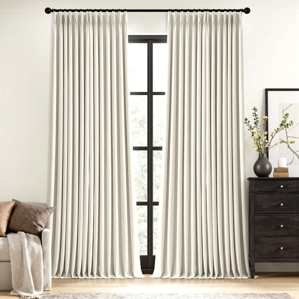 MIULEE natural pinch-pleated curtains front view show elegant drape and light control.