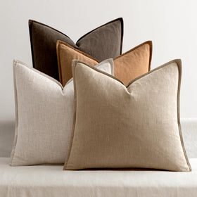 MIULEE neutral brown linen pillow cover with flange edges adds texture to sofas.