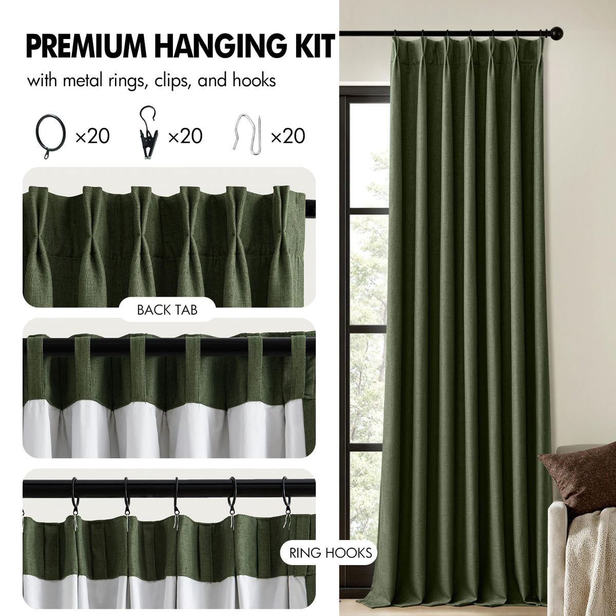 MIULEE olive green curtains offer four hanging options for flexible mounting.