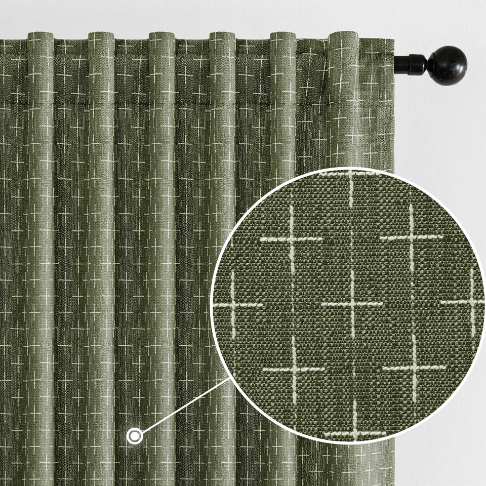 MIULEE olive-green linen curtains with geometric back-tab pattern for stylish privacy.