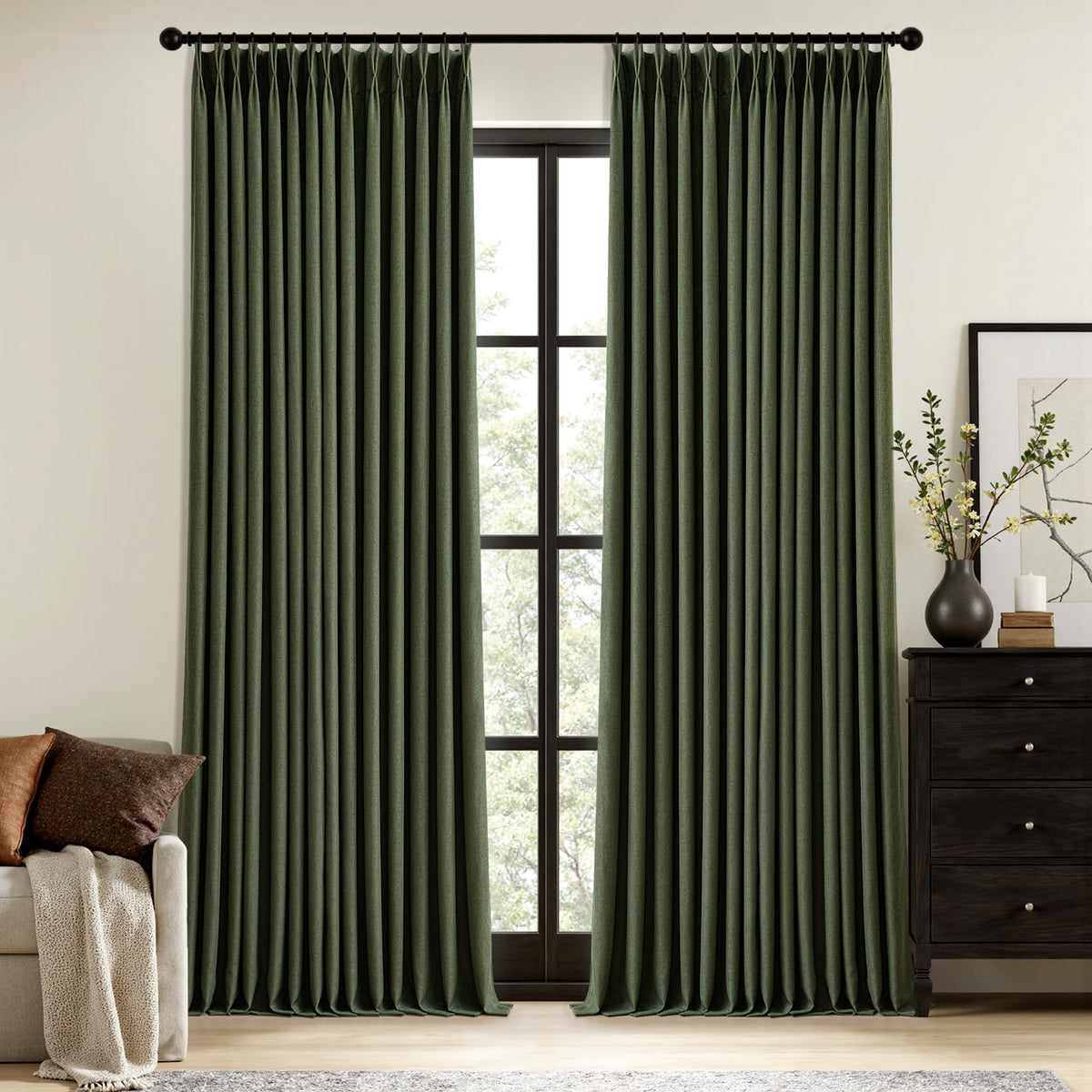 MIULEE olive green pinched pleat curtains in living room enhance privacy and style